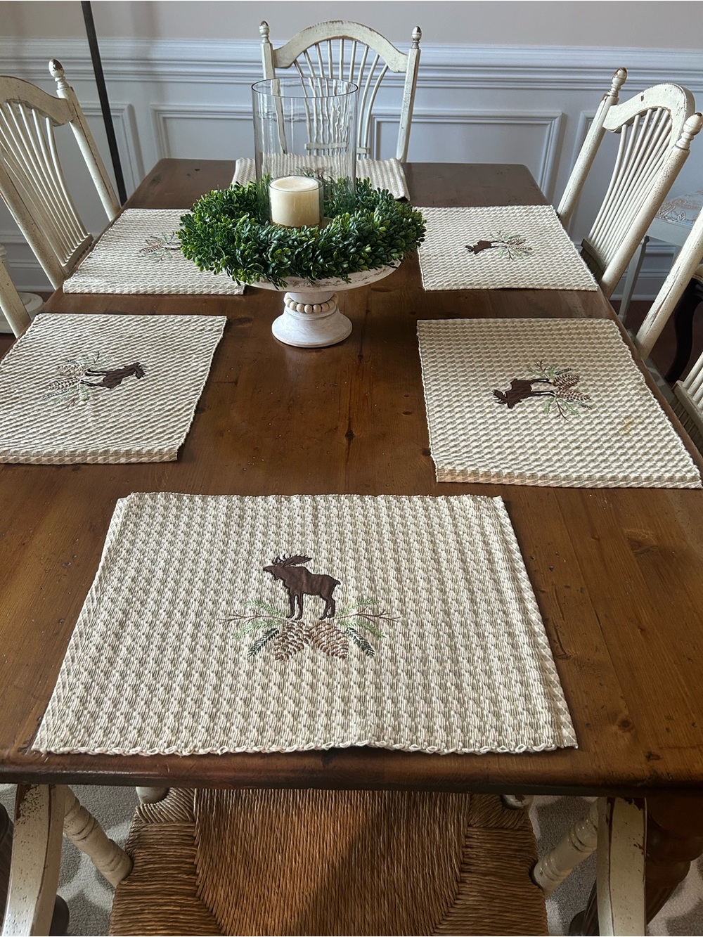 Beige 100% cotton Placemat Set with Moose Embroidery. Made in India.